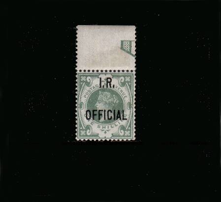 view larger image for SG O15 (1889) - <b>I. R. OFFICIAL</b><br/>
1/- Green<br/>
A superb unmounted mint top marginal single - mounted on margin. SG Cat for mounted £1000
