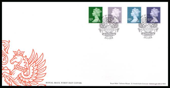 view larger back view image for New Definitives set of four on an unaddressed official Royal Mail FDC cancelled with the official alternative FDI cancel for WINDSOR dated 20.3.2018