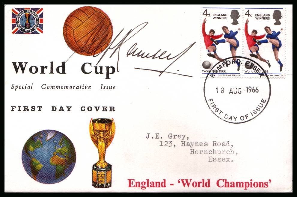 view larger back view image for England ''Winners''   on CONNOISSEUR  FDC cancelled with the FDI cancel for WEMBLEY - MIDDX dated 1 JUN 1966 autographed by the legendary manager <b>ALF RAMSEY</b>.Completely authentic purchased by me from a good source. <b>QFQ</b>