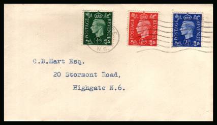 view larger back view image for The ½d, 1d and 2½d ''Dark Colours'' set of three on a small complte envelope cancelled with a LONDON N.6 ''wavy line'' feintly cancelled 10 MY 1937.
<br/><b>QAQ</b>