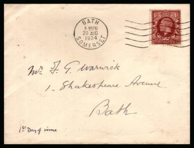 view larger back view image for 1½d Red-Brown Photogravure<br/>
on a small neat envelope cancelled with a BATH - SOMERSET ''wavy line'' crisply cancelled 20 AUG 1934.
<br/><b>QAQ</b>