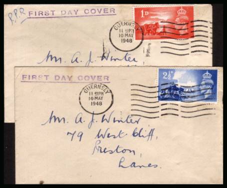view larger back view image for GUERNSEY - Aniversary of Liberation set of two on a matched pair of envelopes both cancelled with a GUERNSEY ''wavy''line cancel crisply dated 10 MAY 1948



<br/><b>QAQ</b>