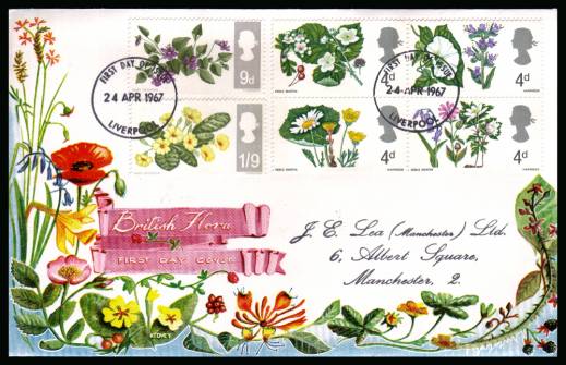 view larger back view image for British Wild Flowers <b>PHOSPHOR</b> set of six on a hanstamped addressed colour CONNOISSEUR FDC cancelled with two strikes of a LIVERPOOL FDI cancel dated 24 APR 1967


<br/><b>QAQ</b>