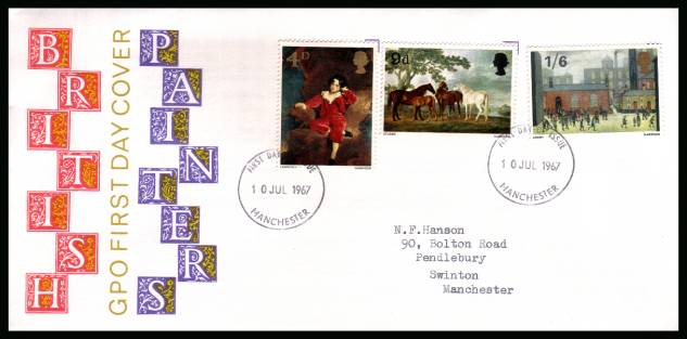 view larger back view image for British Paintings set of three on neatly typed addressed illustrated official GPO colour FDC cancelled with two MANCHESTER FDI handstamps dated 10 JUL 1967

<br/><b>QAQ</b>