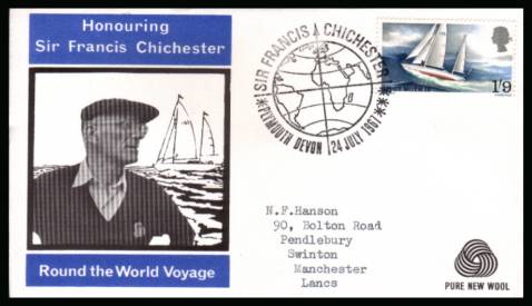 view larger back view image for Sir Francis Chichester's World Voyage single on WESSEX - PURE NEW WOOL logo with neatly typed addressed illustrated FDC cancelled with a strike of the SIR FRANCIS CHICHESTER - PLYMOUTH - DEVON  FDI handstamp dated 24 JUL 1967.

<br/><b>QAQ</b>


<br