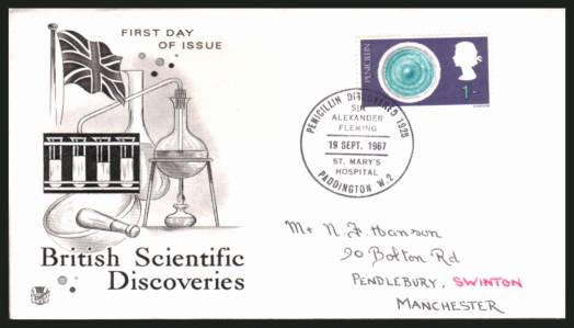 view larger back view image for British Discovery and Invention 1/- value for PENICILLIN on a hand addressed STUART FDC cancelled with the special SIR ALEXANDER FLEMING - PADDINGTON W.2 handstamp dated 19 SEPT 1967. A rare cancel!


<br/><b>QAQ</b>