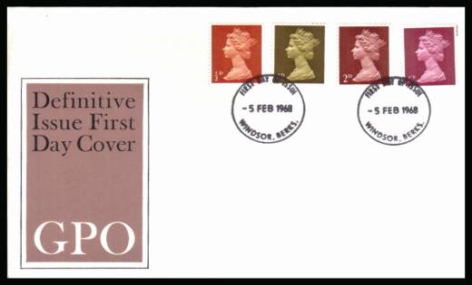 view larger back view image for Machin ½d 1d 2d 6d - set of four on UNADDRESSED official Post Office FDC cancelled with a WINDSOR FDI cancel dated 5 FEB 1968.

<br/><b>QAQ</b>