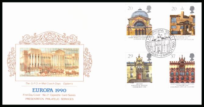 view larger back view image for EUROPA - Glasgow City of Culture set of four on an unaddressed  PRESENTATION SERVICES ''Silk'' FDC number 21
cancelled with EUROPA 1990 - EDINBURGH
handstamp dated 6 MARCH 1990
from a limited edition of 1000 - numbered on back.
<br/><b>QAQ</b>