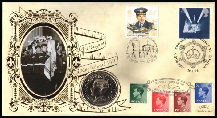 view larger back view image for Edward 8th commemorative medal cover affixed with the complete set of four stamps and cancelled 25 years to the day of his funeral. Note: Cover is printed to look aged and grubby!! With BENHAM guarantee certificate - 7500 produced