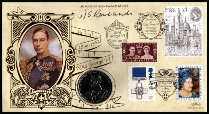 view larger back view image for The Reign of George VI with various stamps and cancels containing a 1993 GIBRALTAR CROWN for George VI. signed by AIR MARSHAL SIR JOHN ROWLANDS. Cover is printed to look aged and grubby!! With BENHAM guarantee certificate - 3000 produced