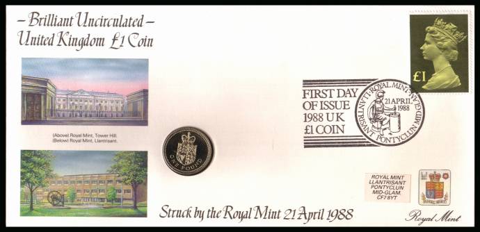 view larger back view image for ROYAL MINT - Coin Cover containing a BRILLIANT UNCIRCULATED £1 coin for UNITED KINGDOM dated 1988 cancelled ROYAL MINT dated 21 APRIL 1988 bearing a £1 stamp. NOTE: Grey area is due to scanning limitations and coin thickness.