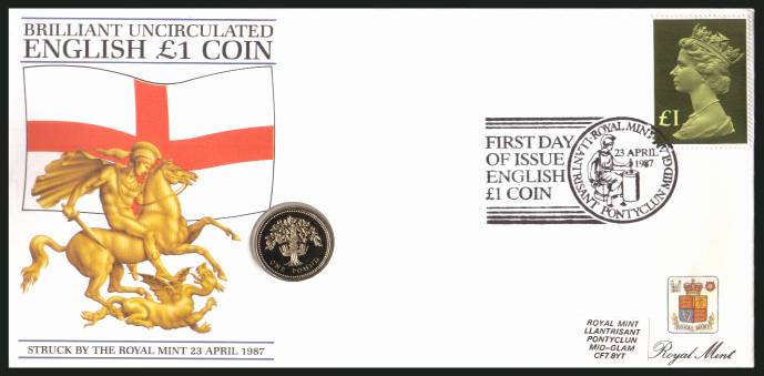 view larger back view image for ROYAL MINT - Coin Cover containing a BRILLIANT UNCIRCULATED £1 coin for ENGLAND dated 1987 cancelled ROYAL MINT dated 23 APRIL 1987 bearing a £1 stamp. NOTE: Grey area is due to scanning limitations and coin thickness.