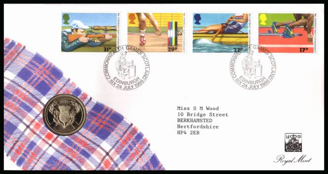 view larger back view image for ROYAL MINT - Commonwealth Games set of four (oddly deliberately produced without the 34p stamp) cancelled 24 JULY 1986 containing the £2 BRILLIANT UNCIRCULATED commemorative coin for the games.