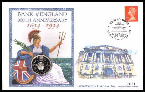 view larger back view image for Commemorative coin cover for BANK OF ENGLAND cancelled NEW £2 COIN - BANK OF ENGLAND EC2 dated 1st MARCH 1994 containing a solid silver proof £2 coin dated 1694 - 1994. With certificate. Only 1000 produced.