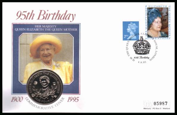 view larger back view image for 95th Anniversary of Queen Mother on a Mercury coin cover with the 12p stamp from 1980 cancelled CLARENCE HOUSE - LONDON dated 4-8-95 containing a GUERNSEY £5 coin for The Queen Mother