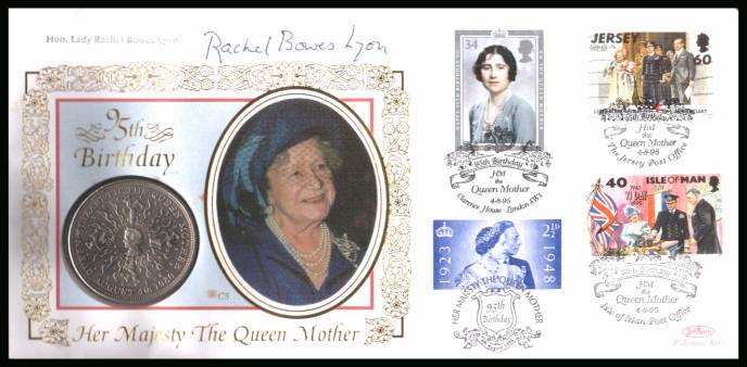 view larger back view image for 95th Anniversary of Queen Mother on a Benham ''silk'' coin cover containing a £5 GB coin bearing a variety of stamps featuring her. Autographed by relative LADY RACHEL BOWES LYON. 	