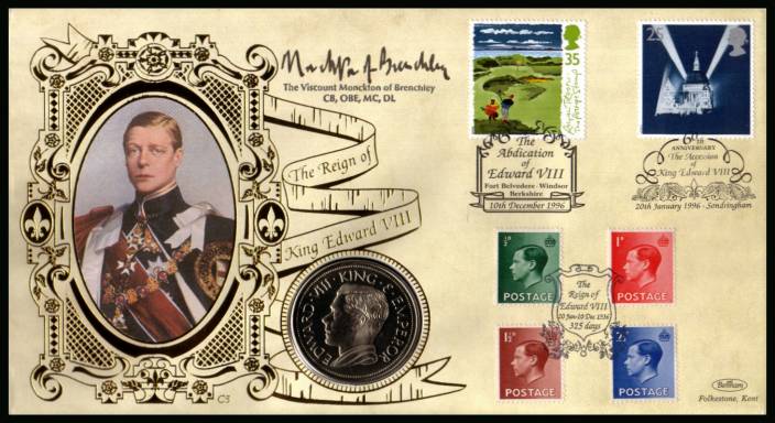view larger back view image for Edward 8th commemorative medal cover with the  set of four stamps and cancelled 25 years to the day of his funeral autographed by VISCOUNT MONCKTON MC. Note: Cover is printed to look aged and grubby!! With BENHAM guarantee certificate - 7500 produced.