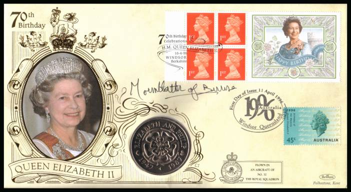 view larger back view image for 70th Birthday of The Queen booklet pane on a Benham flown FDC also bearing an Australian stamp and containing a Tristan Da Cunha 50p coin autographed by Countess MOUNTBATTEN OF BURMA.With BENHAM guarantee certificate - 7500 produced