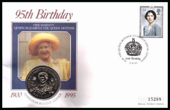 view larger back view image for 95th Anniversary of Queen Mother on a Mercury coin cover with the 34p stamp from 1980 cancelled CLARENCE HOUSE - LONDON dated 4-8-95 containing a GUERNSEY £5 coin for The Queen Mother.  Please Note: Grey areas are due to scanning limitations.
