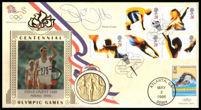 view larger back view image for Olympic Games set of five on a Benham cover with gold effect medallion cancelled WEMBLEY - MIDDX dated 9.7.96 autographed by GOLD MEDAL  olympian STEVE OVETT. With BENHAM guarantee certificate - 10,000 produced