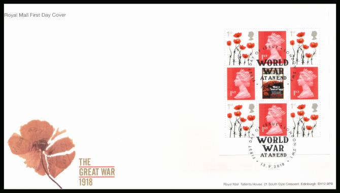 view larger back view image for ''The Great War 1918'' booklet pane on an unaddressed official Royal Mail FDC cancelled with the official alternative FDI cancel for LONDON SW1 dated 13.9.2018 	