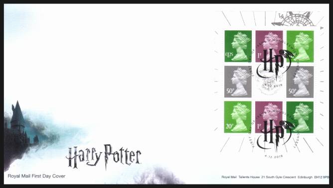 view larger back view image for Harry Potter booklet pane  on an unaddressed official Royal Mail FDC cancelled with the official alternative FDI cancel for MUGGLESWICK - CONSETT dated 4.12.2018