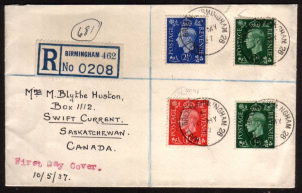 view larger back view image for The ½d, 1d and 2½d ''Dark Colours'' set of three plus additional ½d,on a plain hand addressed REGISTERED envelope to CANADA cancelled with four strikes of a HALL GREEN - BIRMINGHAM steel CDS  dated 10 MY 1937.