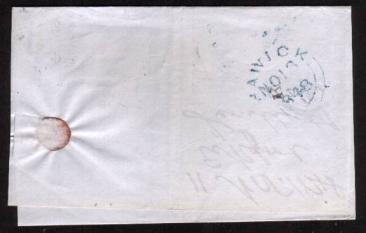 view larger back view of image for 1d Red four margined Imperforate single lettered ''I-H'' on a small neat part entire to HAWICK with cancel well clear of corner letters.<br/><b>XZX</b>