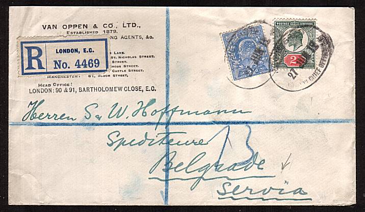 view larger front view of image for 2½d and 2d on a printed VAN OPPEN & Co Ltd printed registered envelope to BELGRADE, SERBIA cancelled with two strikes of an oval REGISTERED - LONDON CHIEF OFFICE E.C. dated 27 JUN 12. The 2½d is perfined ''VO'' for the company. Lovery and fresh. 
<br
