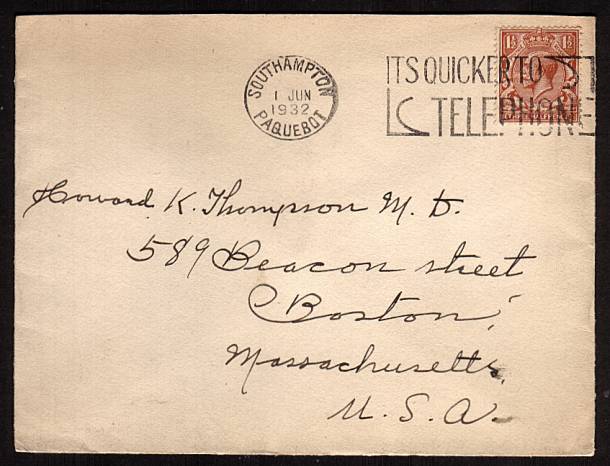 view larger front view of image for 1½d Red-Brown on a fresh CUNARD envelope cancelled with a SOUTHAMPTON - PAQUEBOT slogan cancel ''ITS QUICKER TO TELEPHONE'' to BOSTON USA

<br/><b>XZX</b>