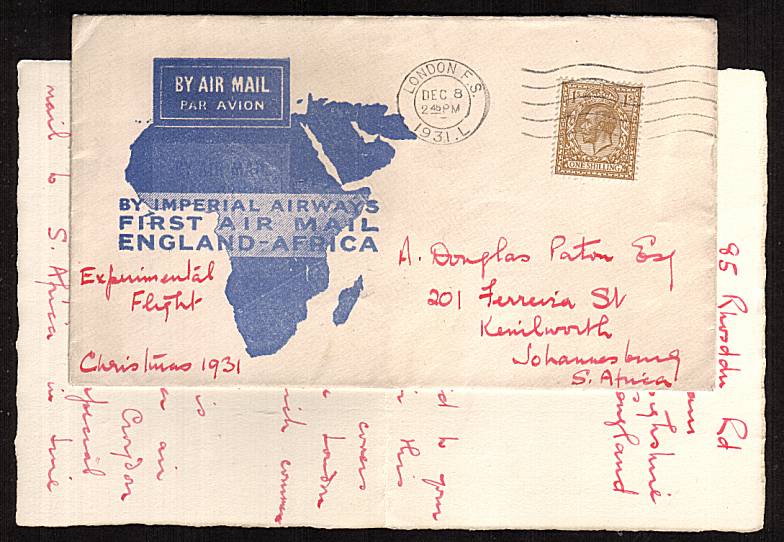 view larger front view of image for 1/- Bistre-Brown on an IMPERIAL AIRWAYS endorsed EXPERIMENTAL FLIGHT with letter detaing same cancelled with LONDON F.S. ''wavy line'' dated DEC 8 1931. The cover is backstamped JOHANNESBURG 21 DEC 31. Lovely! 
<br/><b>XZX</b>
