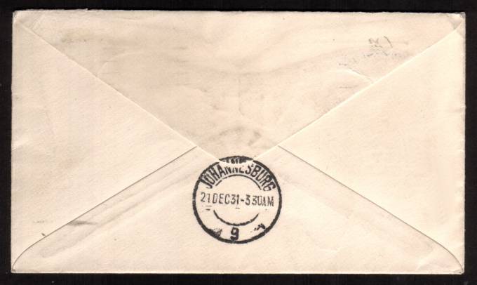 view larger back view of image for 1/- Bistre-Brown on an IMPERIAL AIRWAYS endorsed EXPERIMENTAL FLIGHT with letter detaing same cancelled with LONDON F.S. ''wavy line'' dated DEC 8 1931. The cover is backstamped JOHANNESBURG 21 DEC 31. Lovely! 
<br/><b>XZX</b>