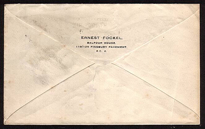 view larger back view of image for 2½d Blue on a small business envelope with a neatly typed address to GERMANY cancelled with a LONDON F.S. slogan cancel dated DEC 14 1928 reading BRITISH INDUSTRY FAIR.

<br/><b>XZX</b>
