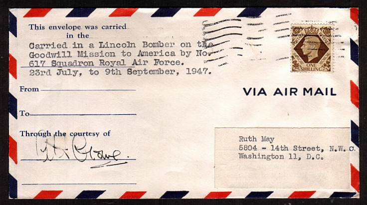 view larger front view of image for 1/- Bristre-Brown on an airmail envelope carried in a Lincoln Bomber of 617 Squadron RAF on a Goodwill flight 23 July 1947.    

<br/><b>XZX</b>