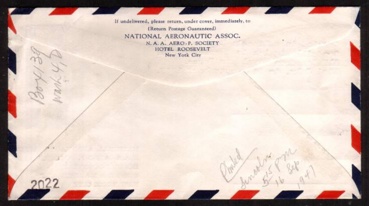 view larger back view of image for 1/- Bristre-Brown on an airmail envelope carried in a Lincoln Bomber of 617 Squadron RAF on a Goodwill flight 23 July 1947.    

<br/><b>XZX</b>