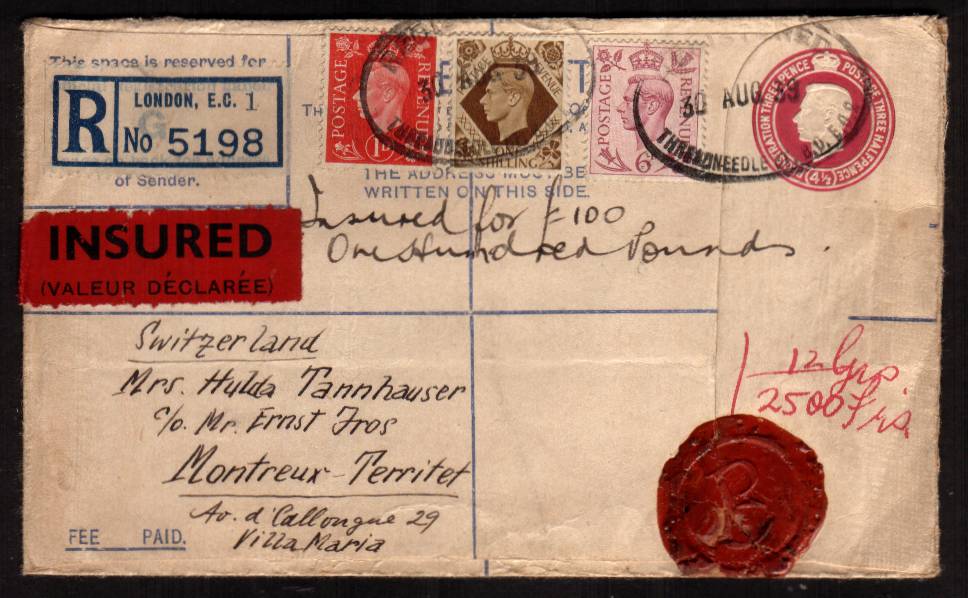 view larger front view of image for Registered envelope cancelled with THREADNEEDLE ST oval handstamp to SWITZERLAND insured for £100. This letter was sent a few hours before the outbreak of World War II possibly in a panic to get valuables out of the country!<br/><b>XZX</b>