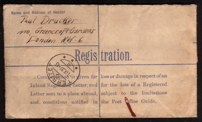 view larger back view of image for Registered envelope cancelled with THREADNEEDLE ST oval handstamp to SWITZERLAND insured for £100. This letter was sent a few hours before the outbreak of World War II possibly in a panic to get valuables out of the country!<br/><b>XZX</b>
