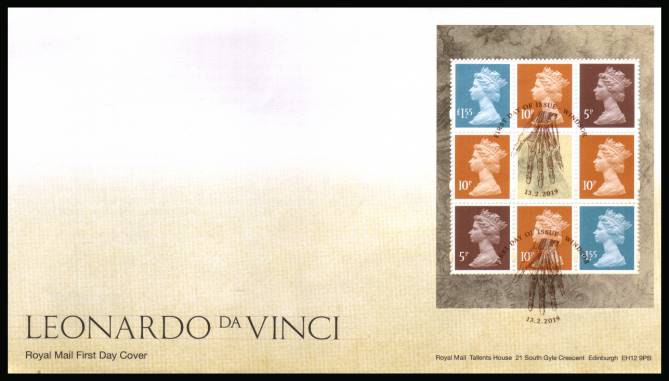 view larger back view image for Leonardo Da Vinci booklet pane on an unaddressed official Royal Mail FDC cancelled with the official alternative FDI cancel for WINDSOR dated 13.2.2019.<br/>
Note: Cover is deliberately designed to look aged and stained, why does Royal Mail do this?