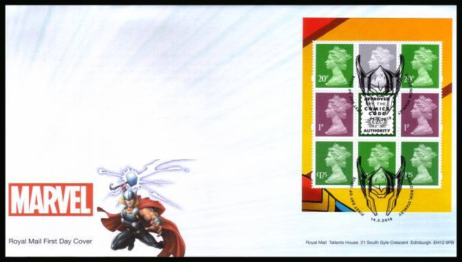 view larger back view image for Marvel Comics booklet pane on an unaddressed official Royal Mail FDC cancelled with the official alternative FDI cancel for SHIELD ROW - STANLEY dated 14.3.2019