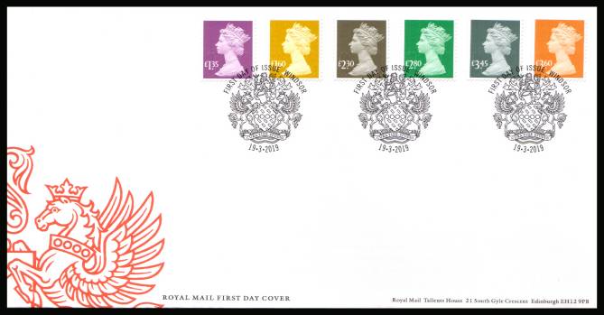 view larger back view image for New Definitives set of six on an unaddressed official Royal Mail FDC cancelled with the official alternative FDI cancel for WINDSOR dated 19.3.2019