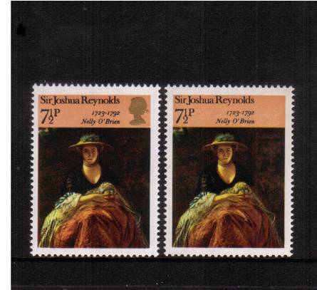 view larger image for SG 933a (1973) - British Paintings - 7½p value<br/>showing <b>GOLD (QUEEN'S HEAD) OMITTED</b><br/>A superb unmounted mint single with normal for comparison.<br/>SG Cat £250<br/><b>QQC</b>