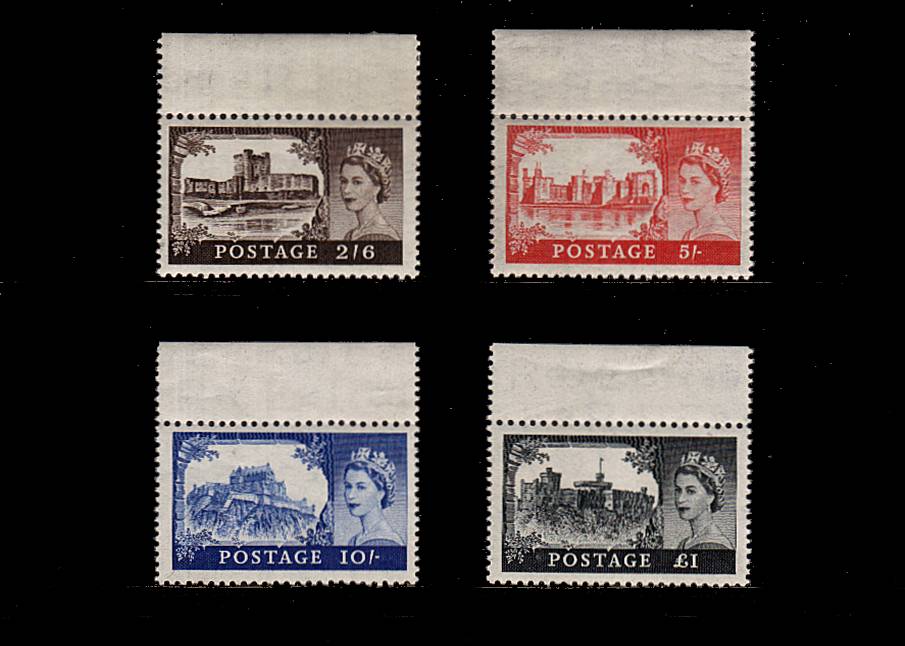view larger image for SG 536-539 (1955) - <b>''Castles'' printed by Waterlow<br/></b>

Edward Crown watermark superb unmounted mint top marginals set of four. Pretty!
