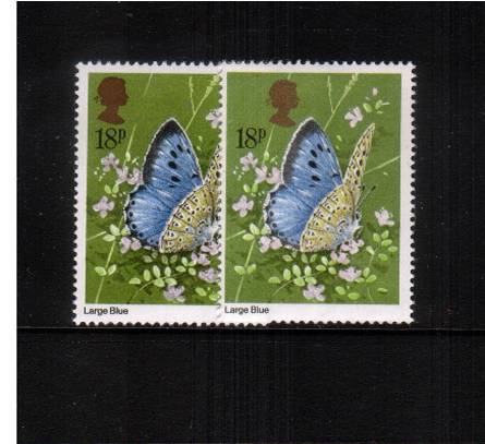 view larger image for SG 1152var (1981) - 18p Butterflies<br/>
A superb unmounted mint single showing large shift of the Gold Queens head to right with normal for comparison. 
<br/><b>QDQ</b>