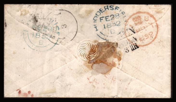 view larger back view of image for 1/- Green<br/>
A four margined 1/- Geen on a small, neat complete envelope from HUDDERSFIELD to PRUSSIA dated FE 28 1852. SG Cat for cover £1900 
<br/><b>QBQ</b>
