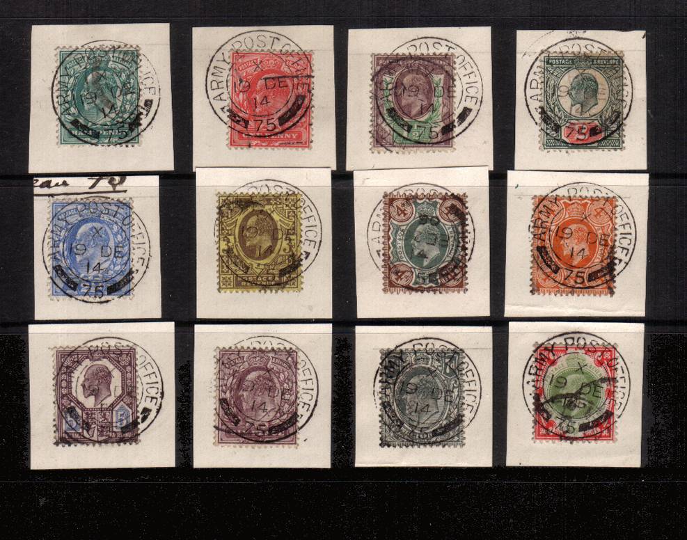 view larger image for SG 215-314 (1902) - A range of twelve values from the ½d to 1/- each tied to a small piece with an upright double ring handstamp for ARMY POST OFFICE all dated 19 DE 14. Very unusual!

<br/><b>QCQ</b>