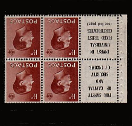view larger image for SG 459 (1936) - 1½d Booklet pane of four with two labels with Inverted watermark superb very, very lightly mounted mint on one stamp only showing advert label 'FOR SAFETY OF CAPITAL' etc. SG SPEC PB5(10)
<br/><b>QDQ</b>
