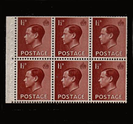view larger image for SG 459 (1936) - 1½d Booklet pane of six with upright watermark superb very, very lightly mounted mint on one stamp only.
<br/><b>QDQ</b>
