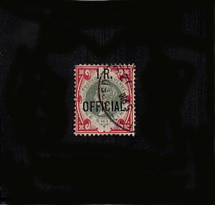 view larger image for SG O19 (1901) - <b>I.R. OFFICIAL</b><br/>
1/- Green and Carmine<br/>
A superb fine used stamp with a rounded NW corner. Otherwise superb!
<br/>SG Cat £1800
<br><b>QBQ</b>