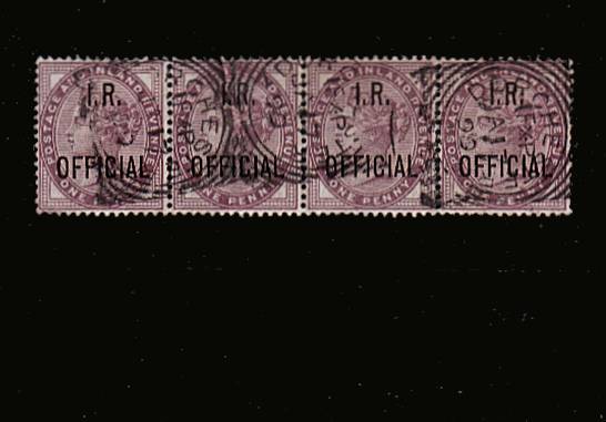 view larger image for SG O3 (1897) - <b>I. R. OFFICIAL</b><br/>
1d Lilac in a fine used strip of four

<br/>SG Cat £24
<br><b>QBQ</b>