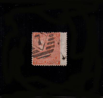 view larger image for SG 94 (1873) - 4d Vermilion from Plate 14 lettered ''T-F''
A good used wing margin single with a blunt corner.<br/>
SG Cat £110
<br><b>QEQ</b>